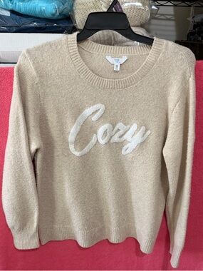 Time and Tru Cream Crewneck Sweater with 'Cozy' Script
